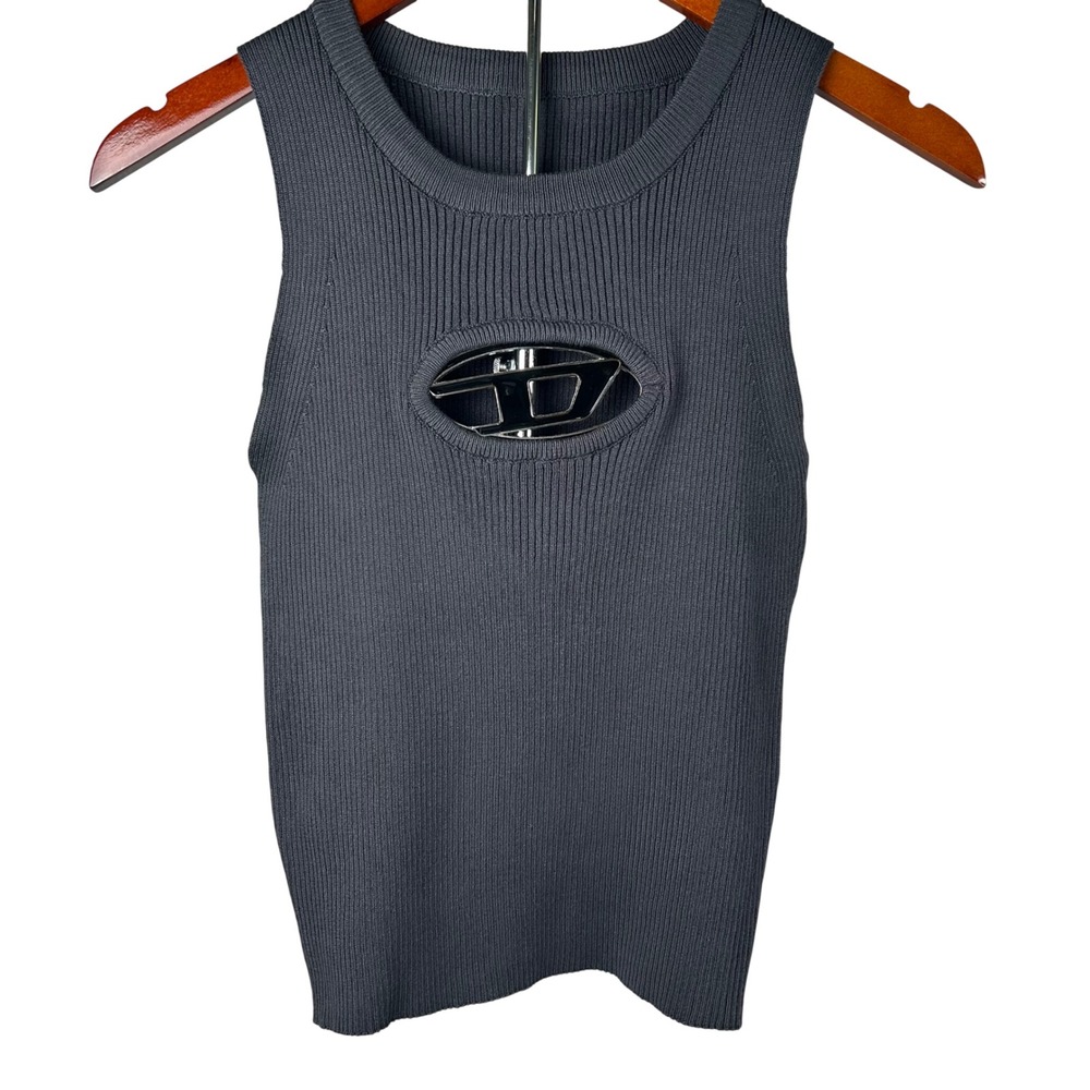 Diesel M-Onerva Cutout D Logo Tank Top Womens S Grey Ribbed Knit Sleeveless